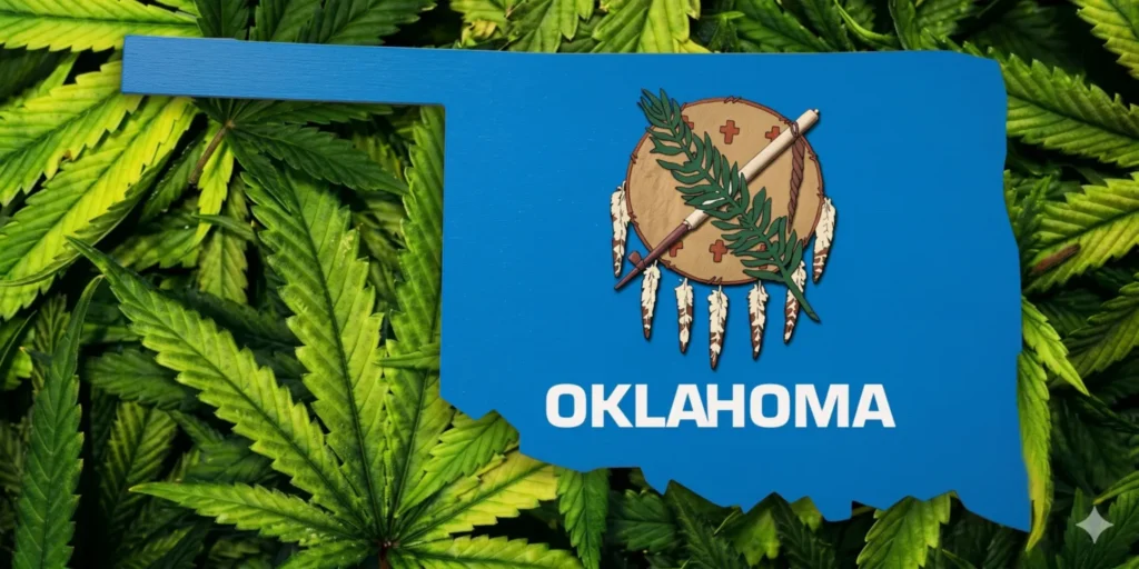 Blue outline of Oklahoma with the state flag shield over a background of cannabis leaves