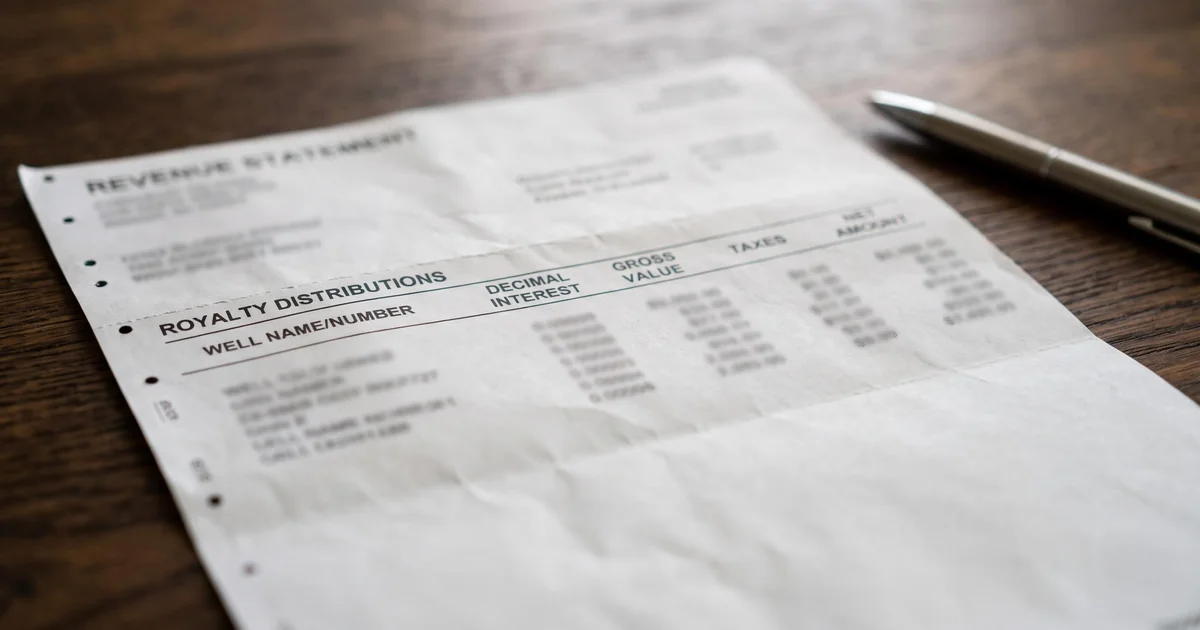 Oil and gas revenue statement showing royalty distributions by well, decimal interest, gross value, and taxes