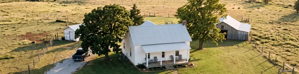 Aerial view of a white farmhouse homestead with a barn, outbuilding, and shade trees on open prairie