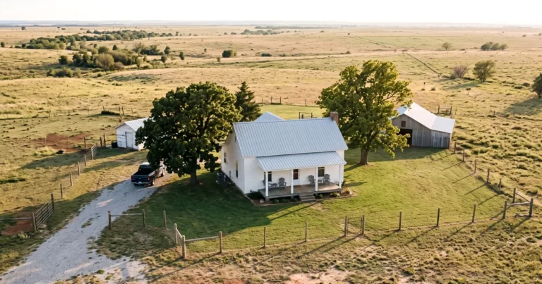 Aerial view of a white farmhouse homestead with a barn, outbuilding, and shade trees on open prairie