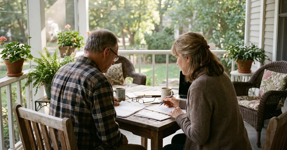 Older couple reviewing papers together at a table on a screened porch with coffee mugs and potted plants