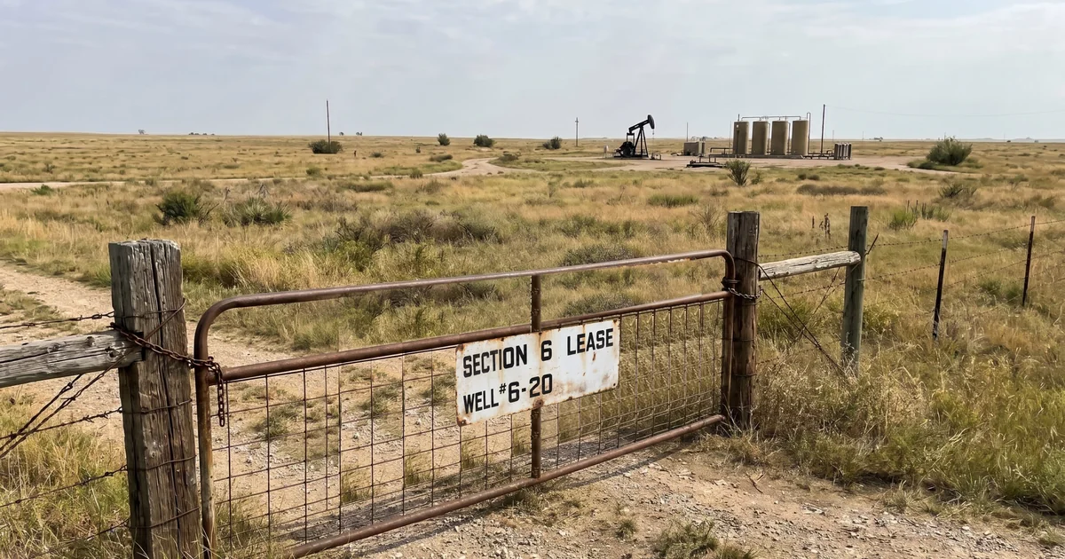 Ranch gate with an oil lease sign on open Oklahoma prairie, with a pumpjack and tank battery in the distance