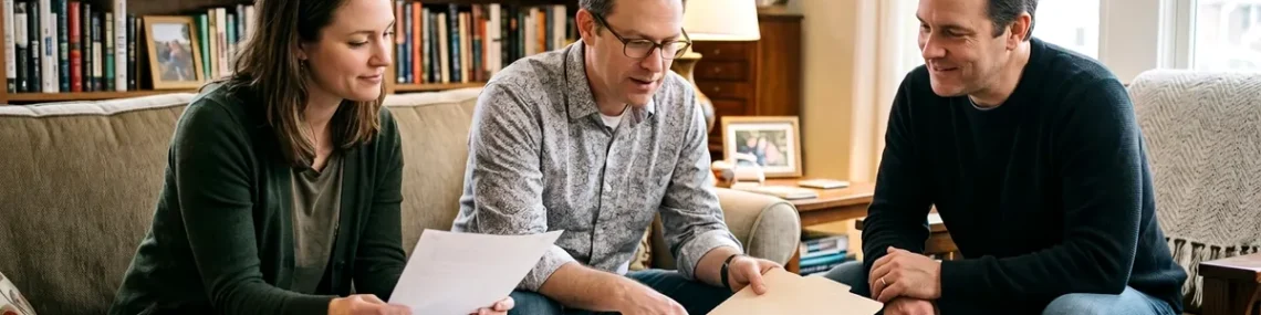 Three adults reviewing documents and a file folder around a coffee table in a living room