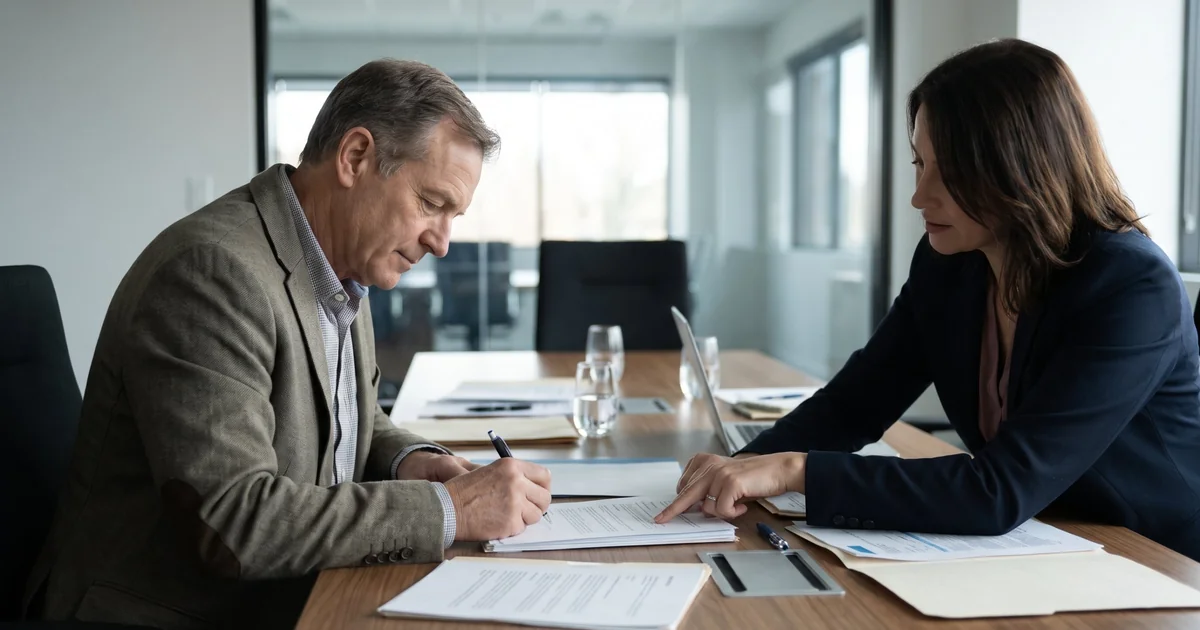 Older man signing documents as a woman points to a page across a conference table