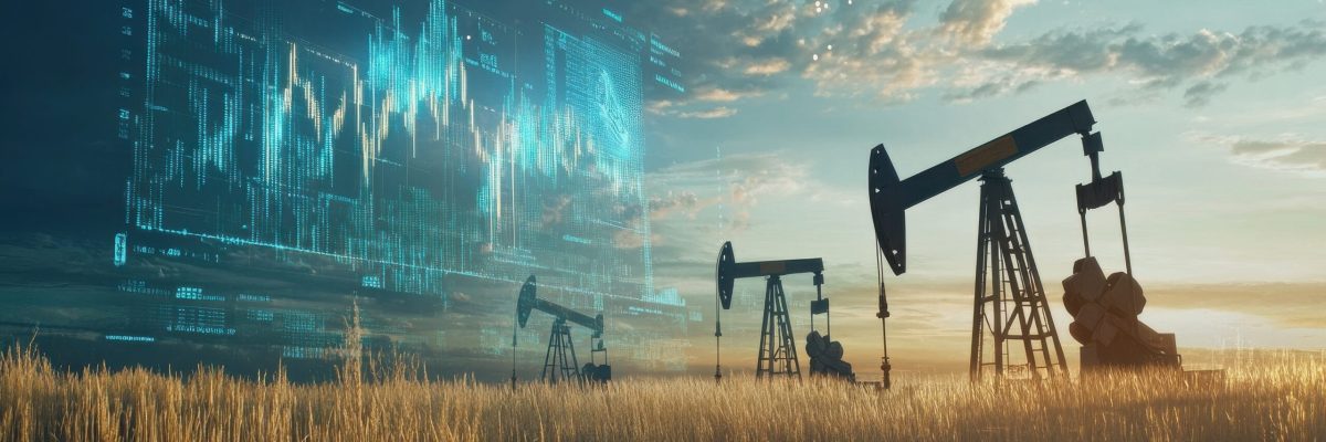 Rise in gasoline prices concept with double exposure of digital screen with growing financial chart candlestick and oil pumps on a field