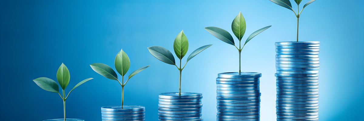 Minimalist Blue-Toned Startup Funding Cycle Concept with Stylized Coin Plants Silver coins stacked progressively upward with a sprouting plant on top of each stack business representing growth and investment against a blue backdrop