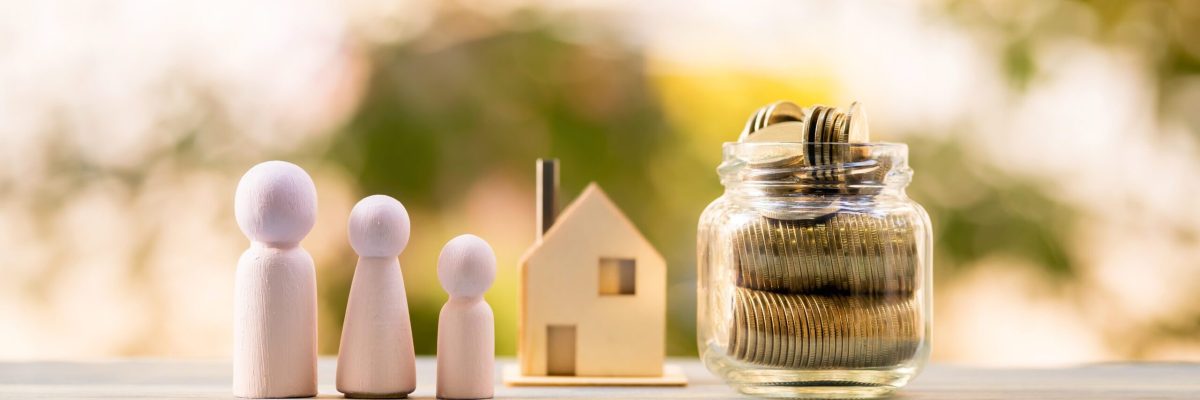 House model and family wood and bottle with gold coin inside of sunlight in the public park, estate planning for family and asset protection for future generations
