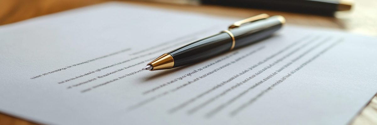close up view of real estate contract on wooden table, featuring sleek pen ready for signing. This image captures essence of professionalism and commitment in LLC transactions.