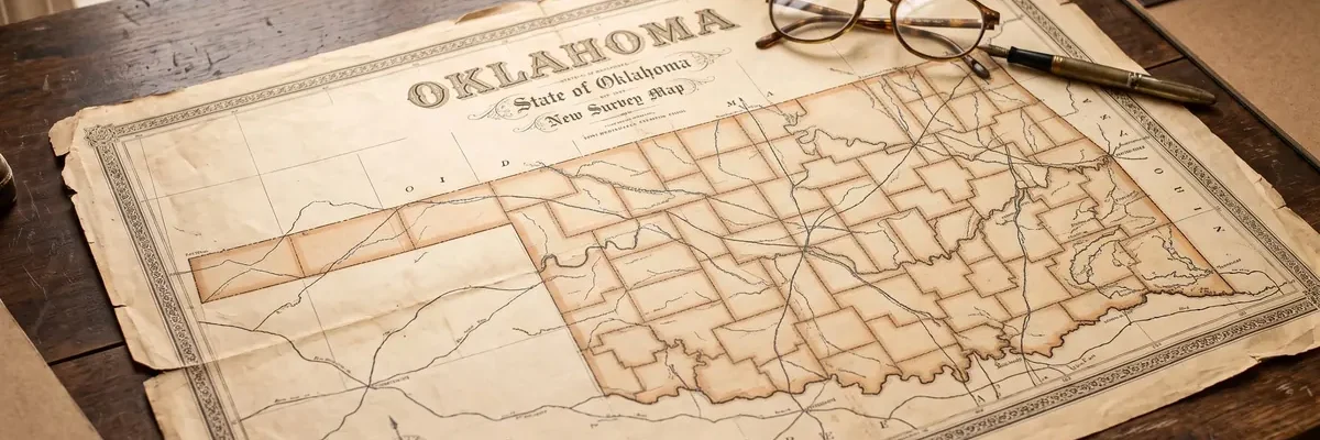 Antique Oklahoma state survey map on a wooden desk with reading glasses and a fountain pen
