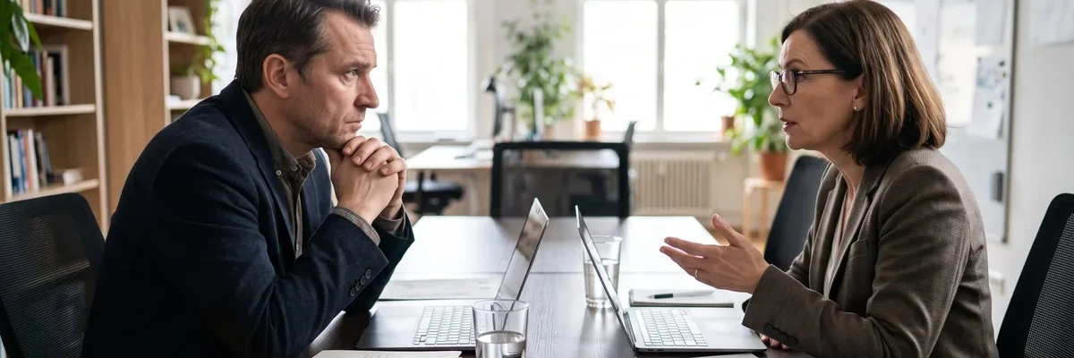 Two business partners in a tense discussion across a conference table with laptops and documents