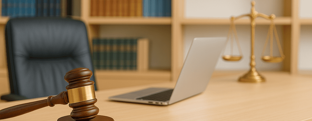Law firm library desk with judge's gavel and laptop