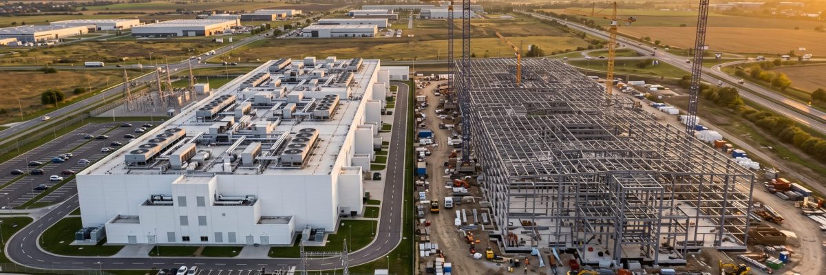 High Aerial of a Finished White Data Center Hall Beside a Steel Frame Building Under Construction With Four Tower Cranes Against a Hazy Golden Sunset Over Oklahoma Farmland Industry