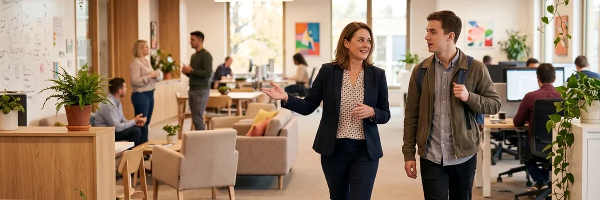 Manager talking with a young employee as they walk through a bright open office with coworkers at desks