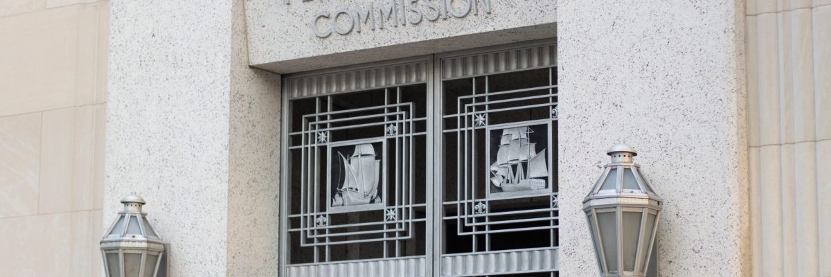 Entrance to the Federal Trade Commission Building in Washington, DC, that serves as the headquarters of the Federal Trade Commission (FTC).