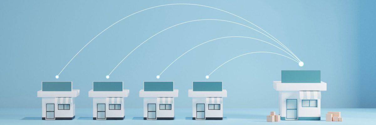 Franchise business growth and expand shop franchise concept. Store connection link with others shop and supermarket.