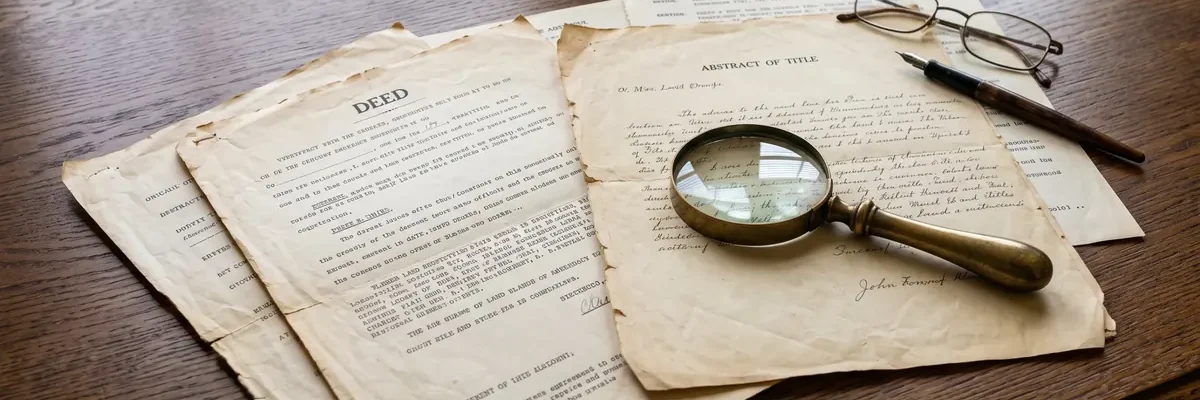 Aged deed and abstract of title pages on a desk with a brass magnifying glass and fountain pen