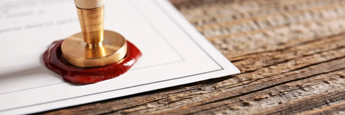 Brass wax seal pressed into red wax on a legal document resting on a rustic wooden desk