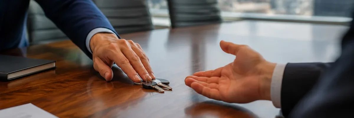 Business owner sliding a set of keys across a conference table to another person's open hand