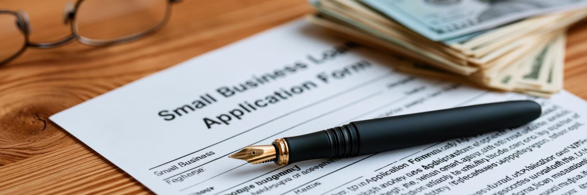 A close-up view of a small business loan application form, a fountain pen, glasses, and a stack of US dollar bills arranged on a wooden surface