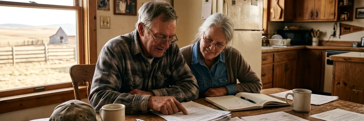 Older couple reviewing documents at a farmhouse kitchen table, with a barn and pasture through the window