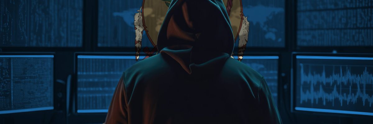 data privacy for Oklahoma. Hacker at the computers on a background of monitors, colors of the Oklahoma flag.
