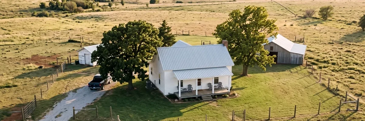 Aerial view of a white farmhouse homestead with a barn, outbuilding, and shade trees on open prairie
