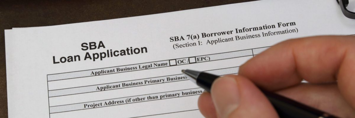 A Small Business Administration aka SBA loan application form, issued by the U.S.A. government, is shown up close.
