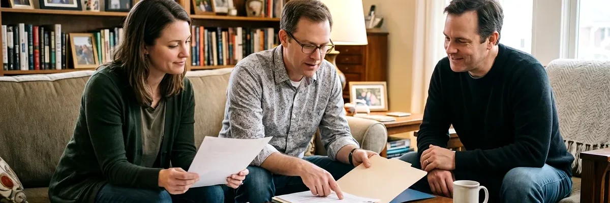 Three adults reviewing documents and a file folder around a coffee table in a living room
